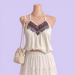 LA Hearts Cream Embroidered Halter Top Boho Festival Tank Women's S Tie Back